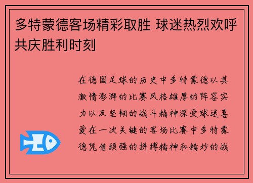 多特蒙德客场精彩取胜 球迷热烈欢呼共庆胜利时刻
