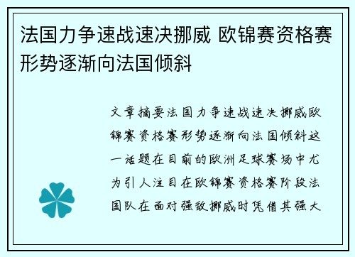 法国力争速战速决挪威 欧锦赛资格赛形势逐渐向法国倾斜