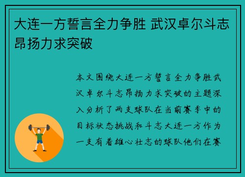 大连一方誓言全力争胜 武汉卓尔斗志昂扬力求突破