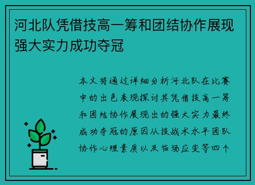 河北队凭借技高一筹和团结协作展现强大实力成功夺冠